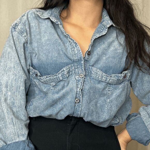vtg 80s Courtney Rhodes cotton blouse acid wash look button up retro medium - Picture 2 of 9